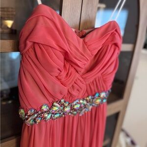 Coral Chiffon Maxi Dress w/ Jeweled Waist Strapless Formal Prom Evening Gown